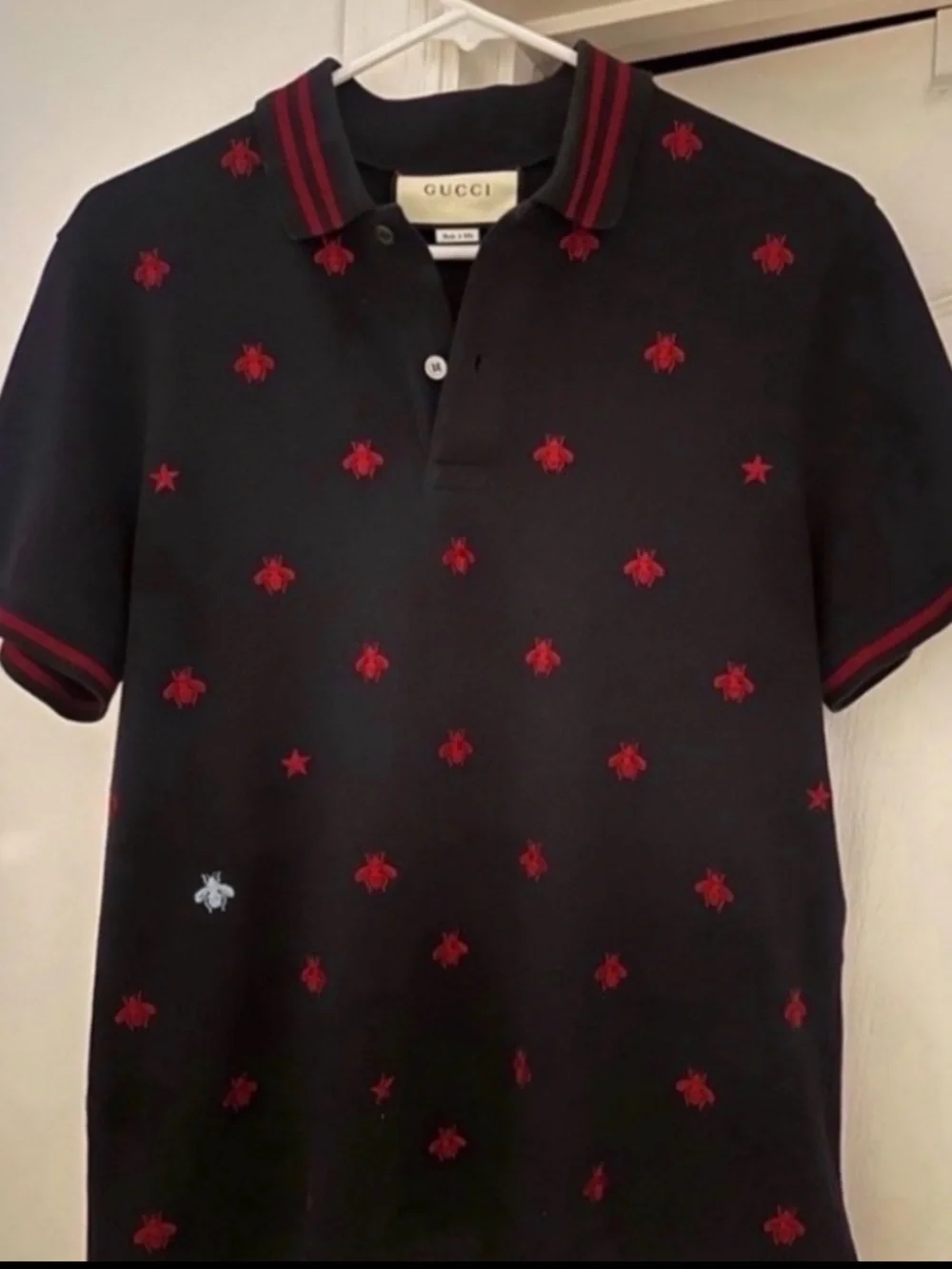 Gucci Men's Black Polo with Red Bee Embroidery - size small